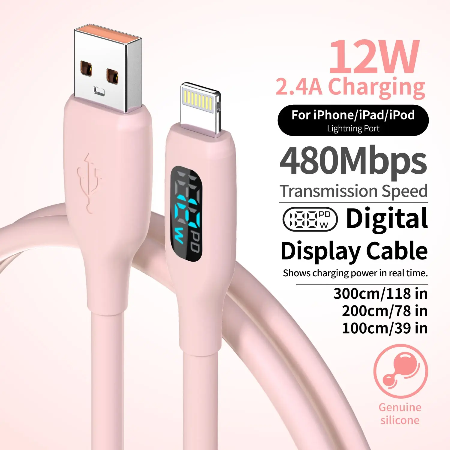 MFI Certif USB A TO Lightning Charging Data Cable Macaron Pink Soft Silicone with LED Digital Display for iPhone 14-8 Series