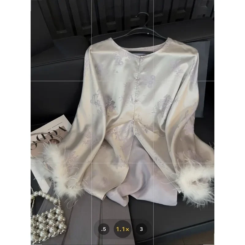 Premium New Chinese Jacquard Satin Shirt Ladies Autumn Vintage Women's Cuffs Splicing Feather O Neck Long Sleeve Top Feminina