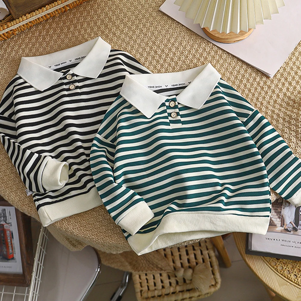 ملابس الأطفال بلوزة مخططة للأولاد والبنات قمصان بولو للأطفال بلوفرات بأكمام طويلة بلوزات عصرية تي شيرت للأطفال الصغار كلاسيكي
