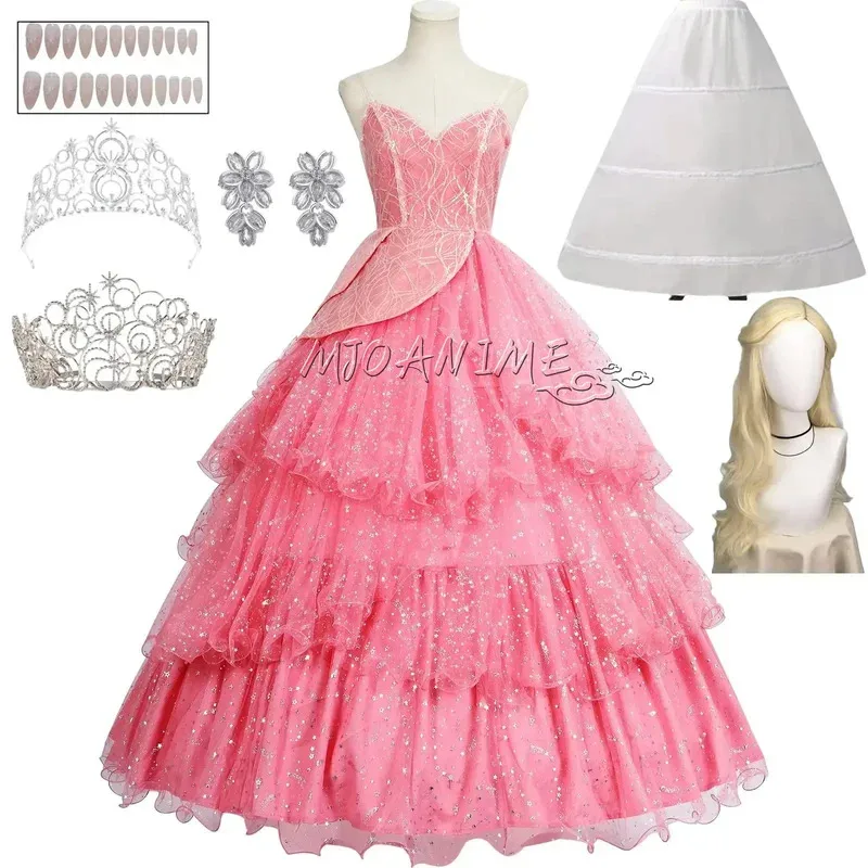 Em estoque glinda a bruxa cosplay traje vestido para mulheres adultas vestido rosa roleplay fantasia roupa halloween carnaval t