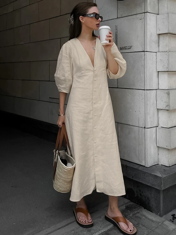 2023 Summer Autumn Solid Khaki Holiday Shirt Dress V-neck Short Sleeve Midi Dress For Women