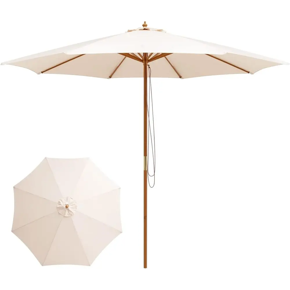 Sombrilla de Patio para Exteriores con 8 Varillas de Madera, 3 Ajustes de Altura, Polea de Cuerda, Poste Desmontable, Apta para Jardín, Piscina, Terraza