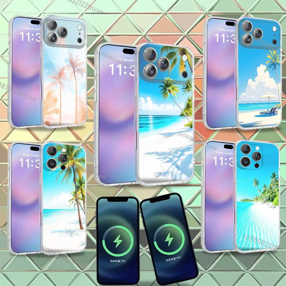

Phone Case For iPhone 16,14,11,17,13,15,12,Sea Tropical Palm Trees Beach,Air,Plus,Pro,Max,E,Mini Frosted for MagSafe Magnetic