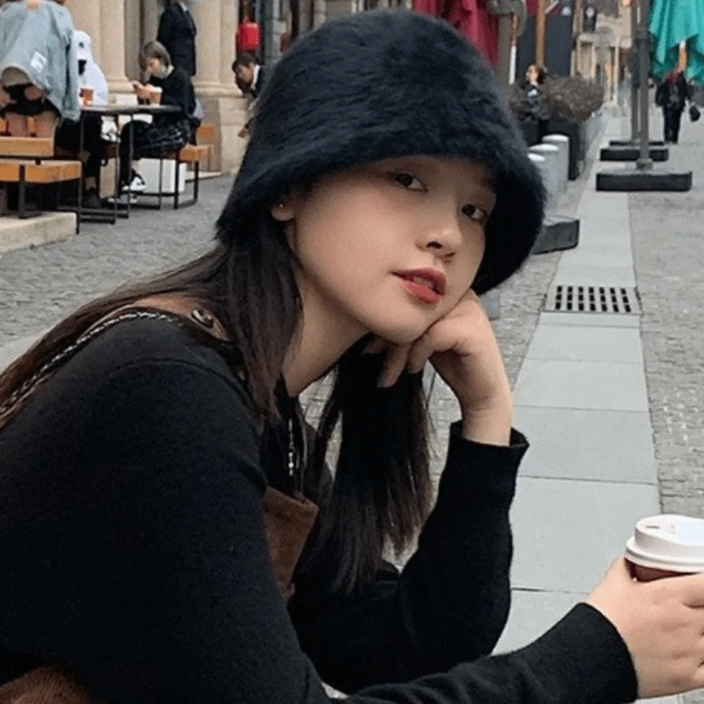 

Temperament Knitted Bucket Cap Furry Warm Winter Fisherman Hat Windproof Solid Color Anti-cold Bucket Hat Men