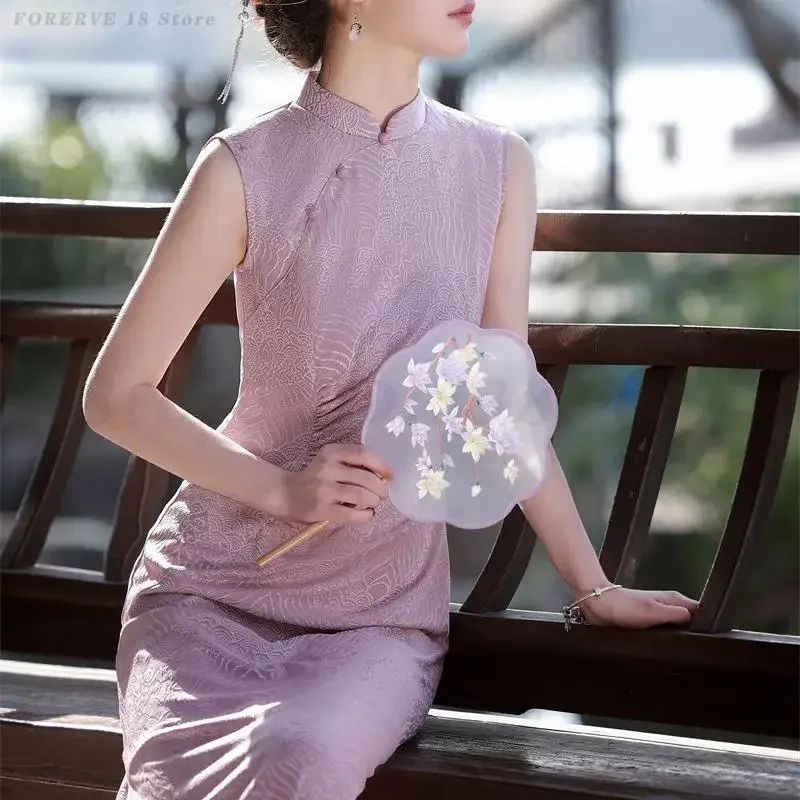 

Сексуальное винтажное китайское платье-ципао без рукавов с жаккардовым узором, длинное, с силуэтом «рыбий хвост», традиционное китайское платье для выступлений