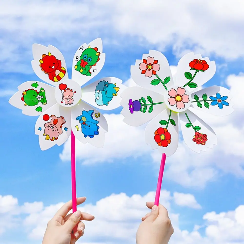 Flower DIY Color Filling Windmill Toy Animal Rabbit Handmade Art Painting Winnower Dinosaur Marine Life Blank Windmill Toy