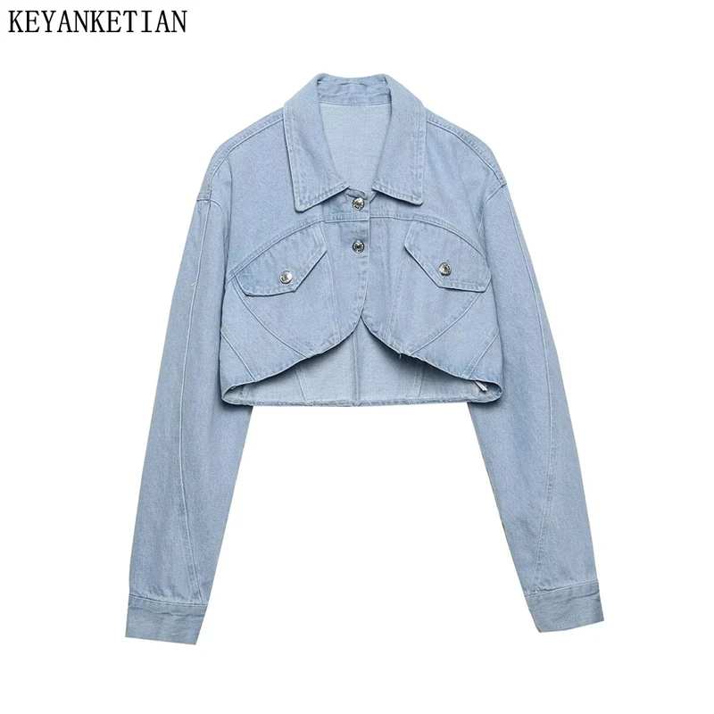 KEYANKETIAN New Women Asymmetrical Crop Denim shirt Street style Single Breasted Long Sleeve Loose High Waist Blouse Midriff Top