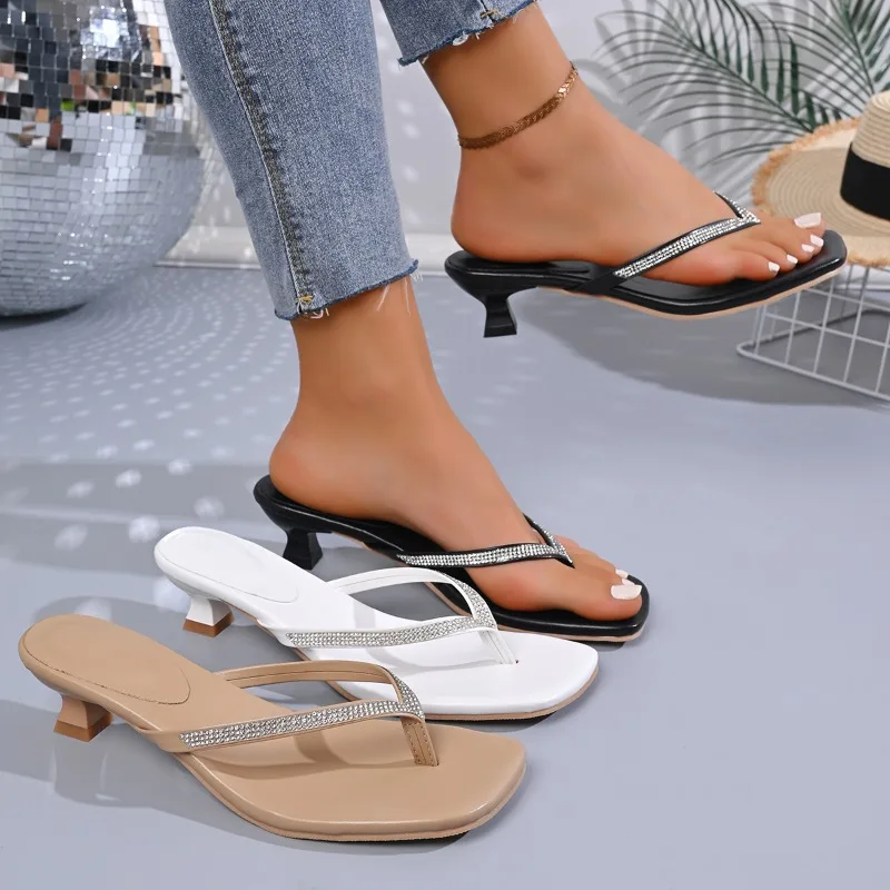 

Модные женские шлепанцы на высоком тонком каблуке с кристаллами, летние, 2026 года, с открытым носком, повседневные, удобные