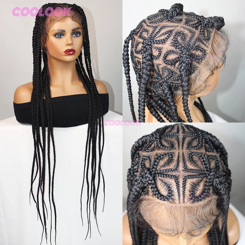 Peluca trenzada Cornrow en forma de corazón, trenzas sintéticas de caja de encaje completo de 36 pulgadas para mujeres