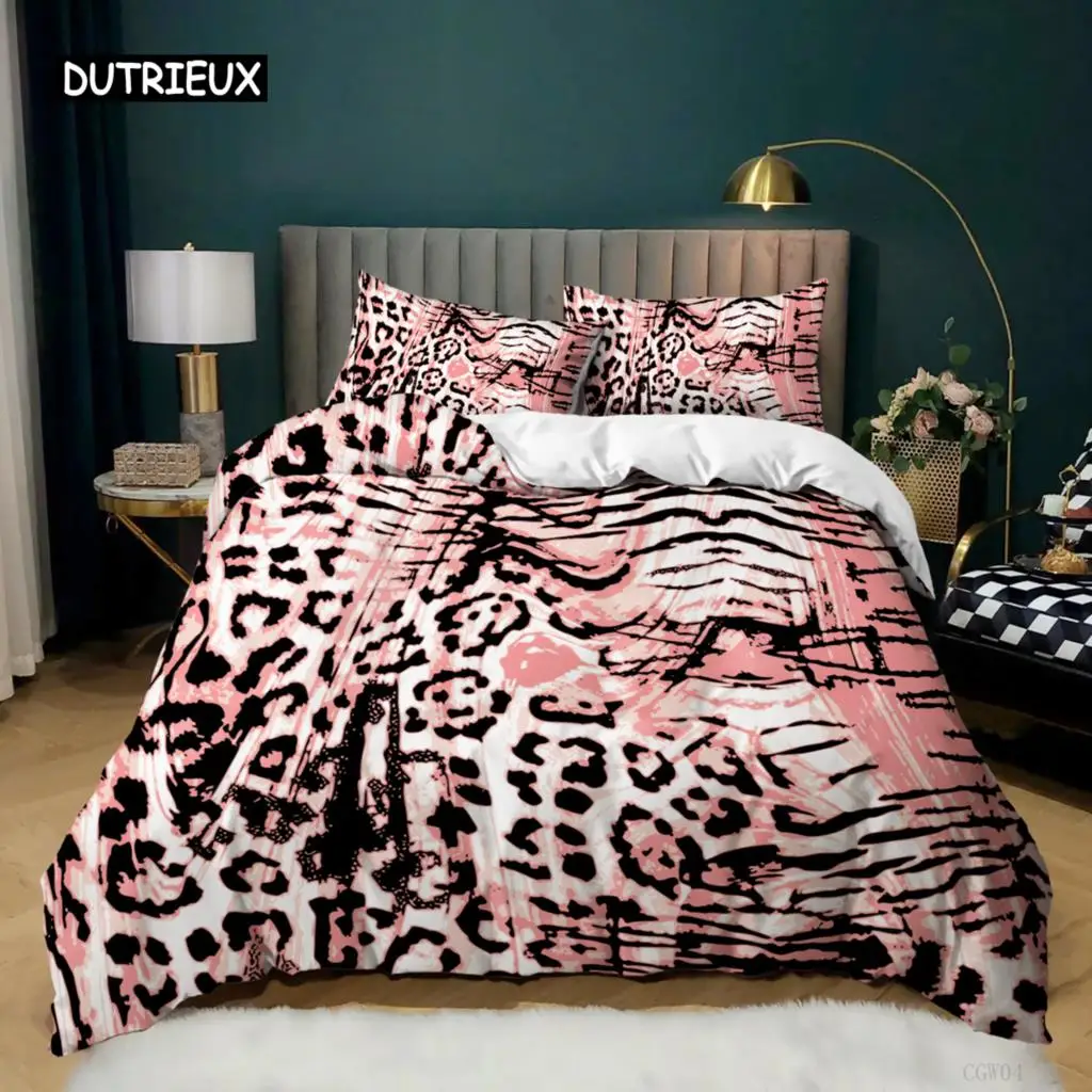 Leopard Print Duvet Cover Pink Cheetah Print Bedding Set Wild Animal Theme Comforter Cover for Girl Teens Microfiber Quilt Cover