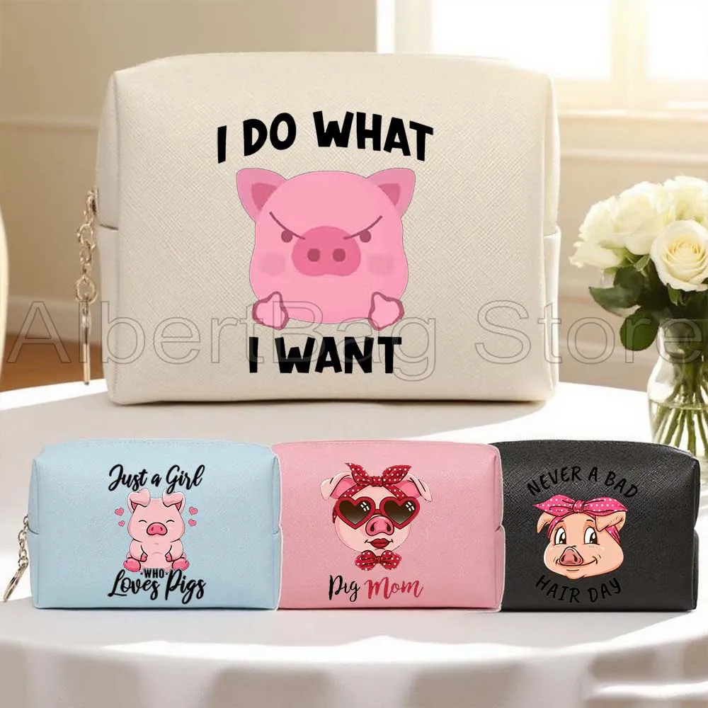 

PU Leather Cosmetic Bag Cute Pink Pig Kawaii Cartoon Pig Mom Pig Gifts Make Up Box Women Makeup Bag Case Waterproof Toiletry Bag