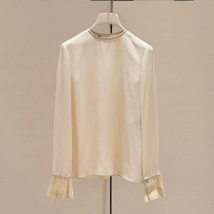 

High Quality 2026 Spring Summer 100% Silk Blouse Elegant Ladies Fashion O Neck Long Sleeve Solid Shirt