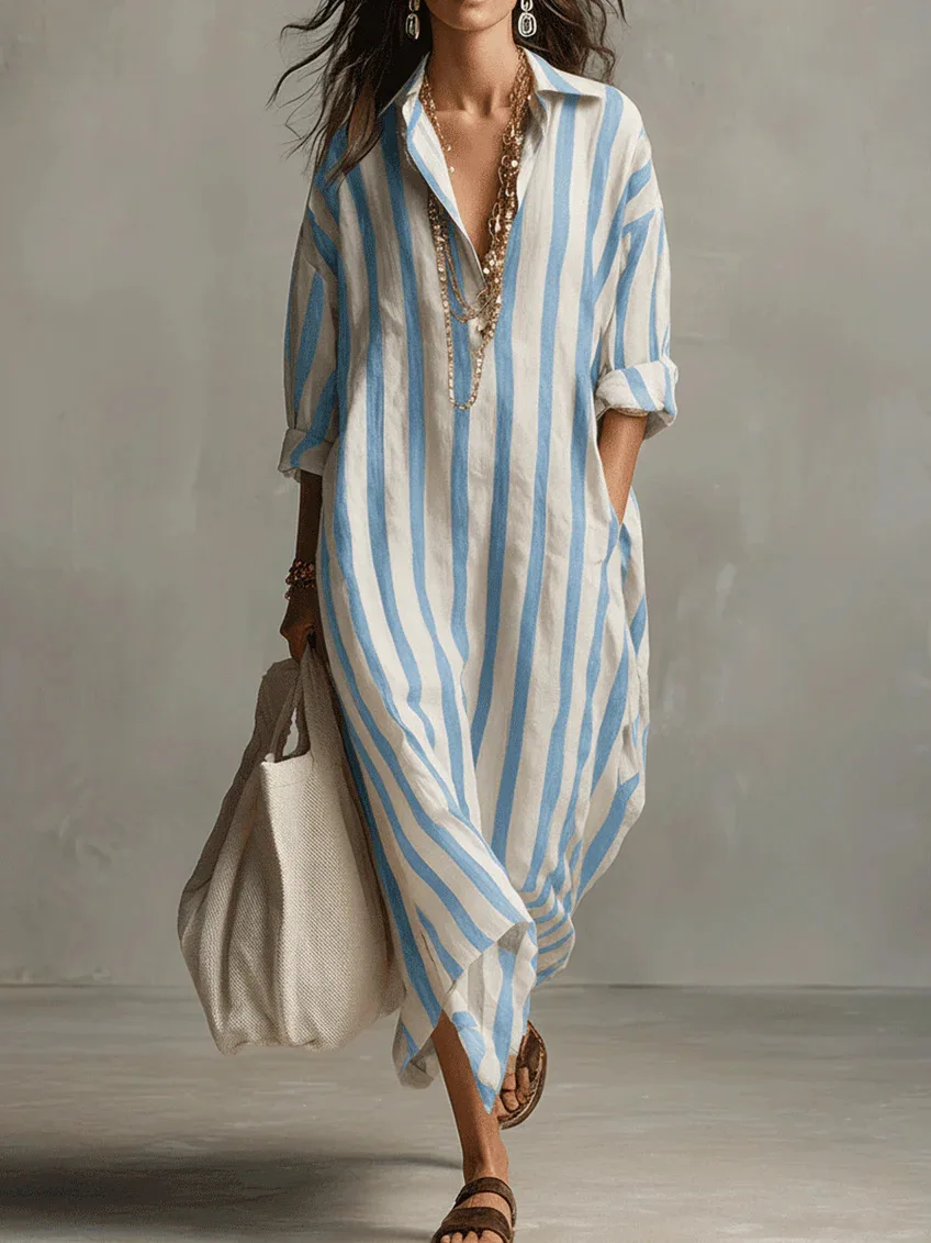 Spring/Summer 2026 Fashion Loose V-Neck Long Printed Striped Shirt Dress Trendy Oversize European And American Trade New Model