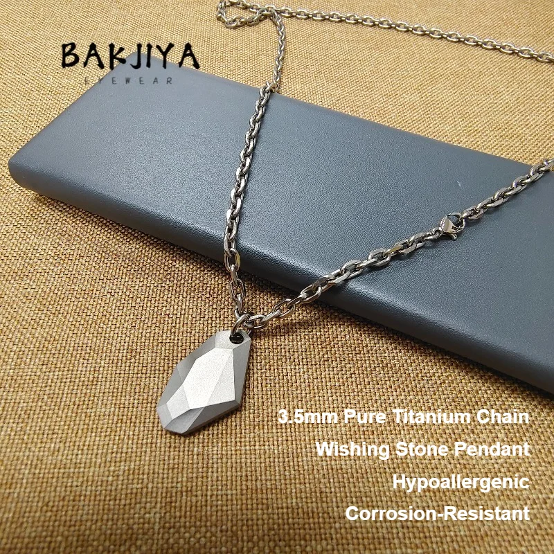 TA1 Pure Titanium Wishing Stone Pendant Necklace 3.5mm Industry Chain, Skin-Friendly Fashion Gift for Dad or Boyfriend with Box