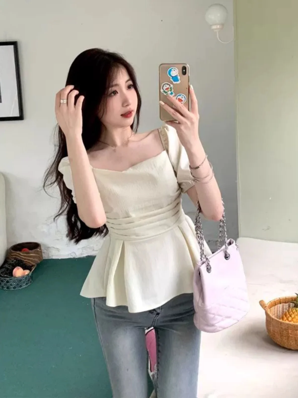 plus Size Women's ort irt Square Collar Doll Sle Slimming Belly Cover Summer Faion Waist Cinching Bubble Sve Top