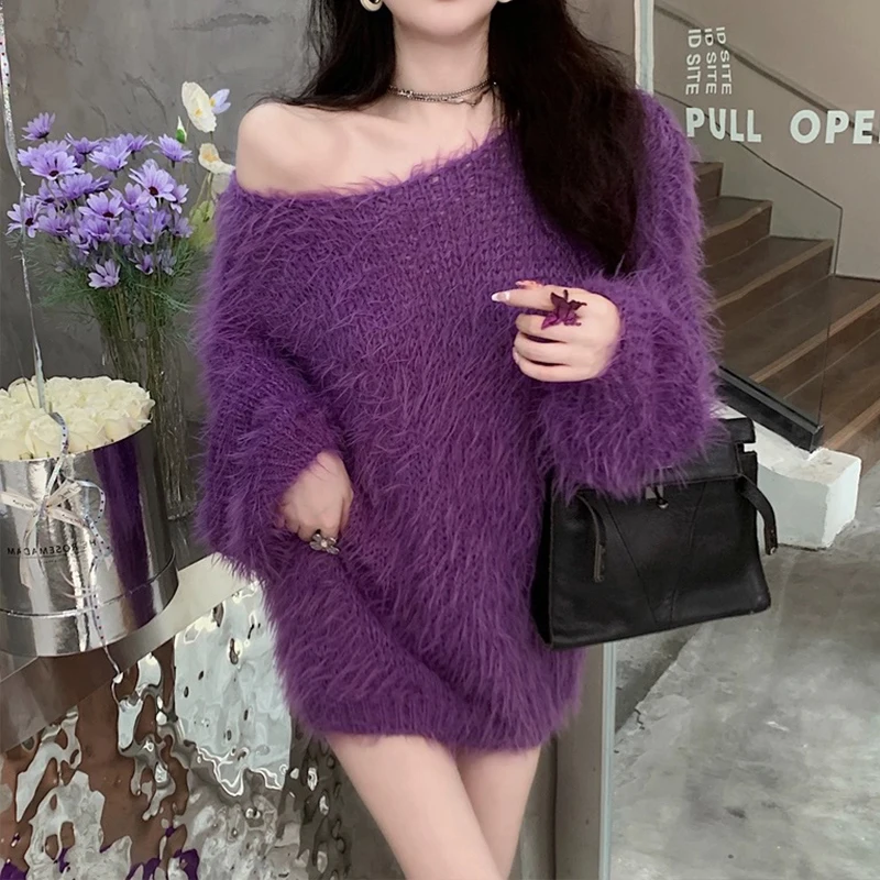 Elegant Women Fluffy Short Dress Autumn Winter Warm Lantern Long Sleeve Sweater Dresses Imitation Mink Velvet Long Sweaters