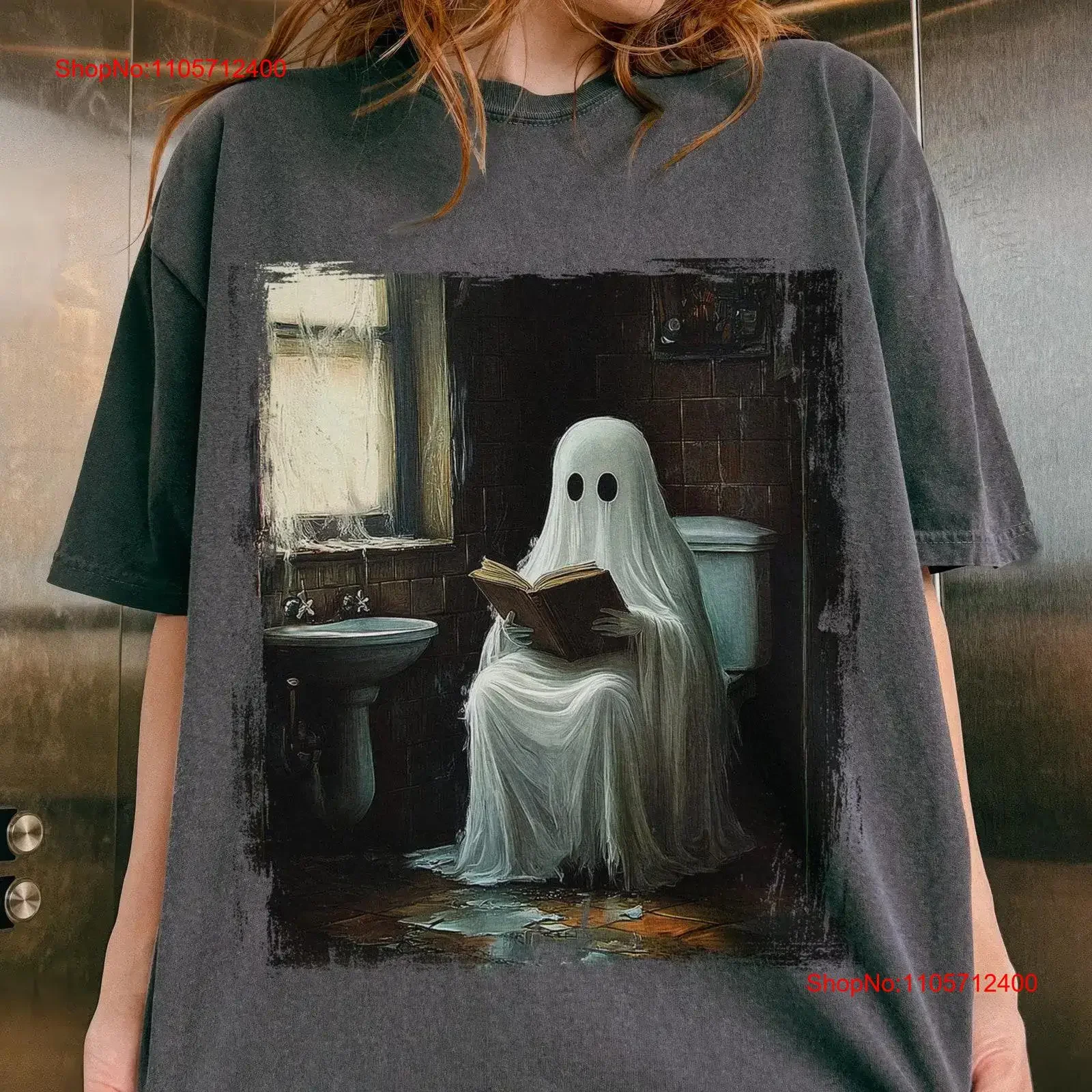Reading Ghost on Toilet T Shirt Funny Halloween Bookish Oil Painting Aesthetic Lover Top Fall vintage Washed Slightly Soft
