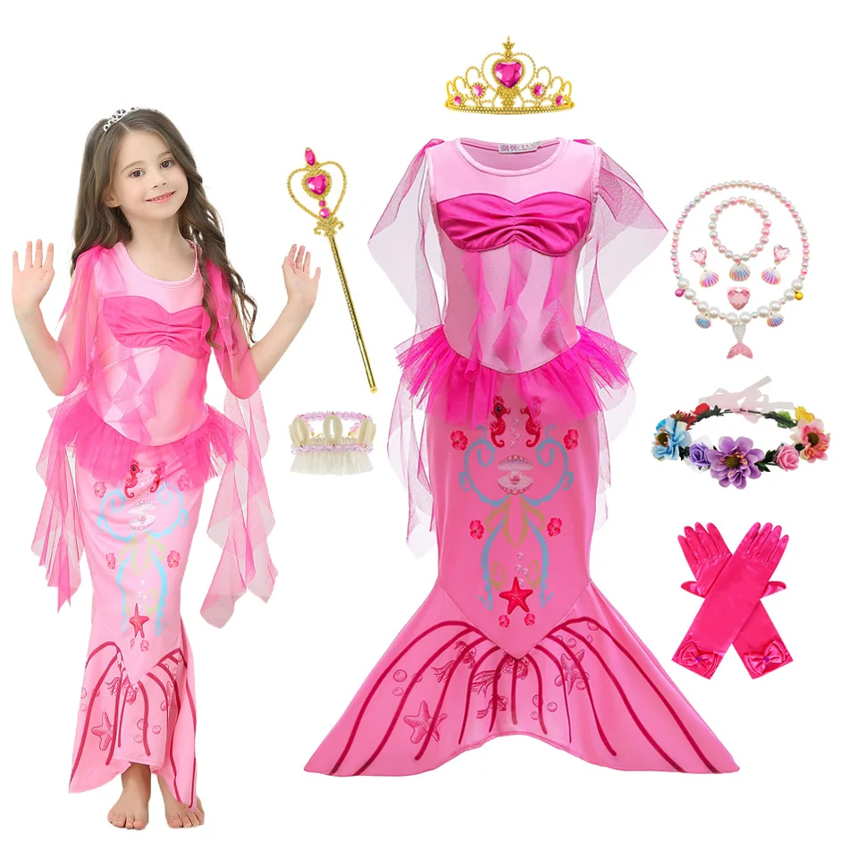 Ariel Inspired Mermaid Dress for Girls Pink Mermaid Tail Costume with Accessories Set Kids Cosplay Outfit for Birthday Halloween