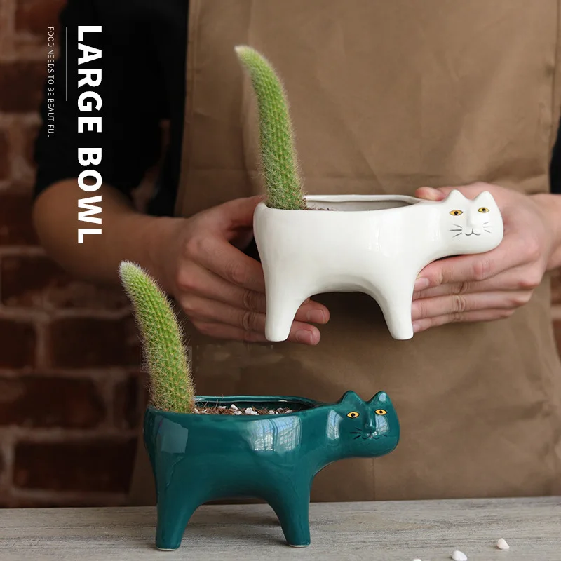 

Cat Shape Ceramic Flower Pot Green Plant Pot Succulent Planter Cactus Bonsai Pot Flower Container Home Ornaments Decorations