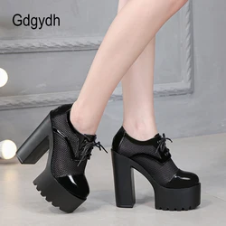 Gdgydh Spring Summer High Heeled Platform Pumps Air Mesh Breathable Ladies Party Shoes Lace Up Closed Toe Black White