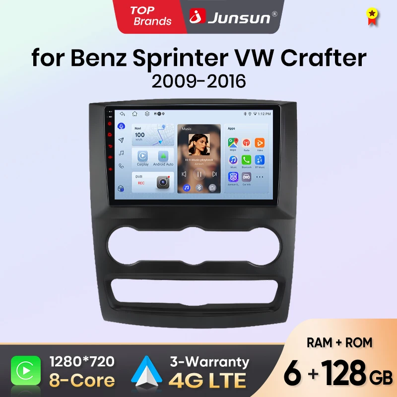 Autoradio Android Auto Junsun pour Benz Sprinter VW Crafter 2009 2010 2011 2012 2013-2016, système multimédia intelligent sans fil Apple CarPlay, écran tactile IPS, lecteur vidéo stéréo, autoradio 2 Din, navigation BT GPS 4G WIFI FM AM DSP RDS SWC
