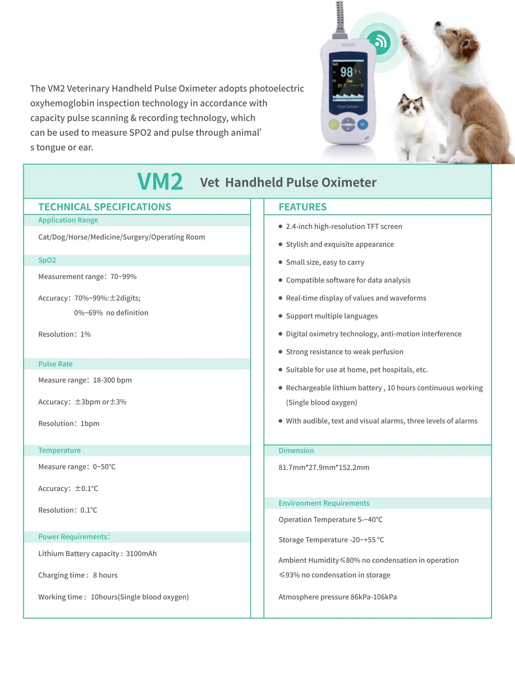 Pet Cat Dog SPO2 PR TEMP Handheld Animal Veterinary Pulse Oximeter Medical Vital Signs Monitor