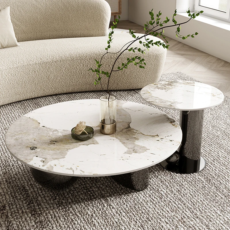 طاولة قهوة إيطالية بسيطة من بلاطة الصخور مستديرة خفيفة فاخرة وبسيطة وحديثة لغرفة المعيشة طاولة شاي صغيرة راقية