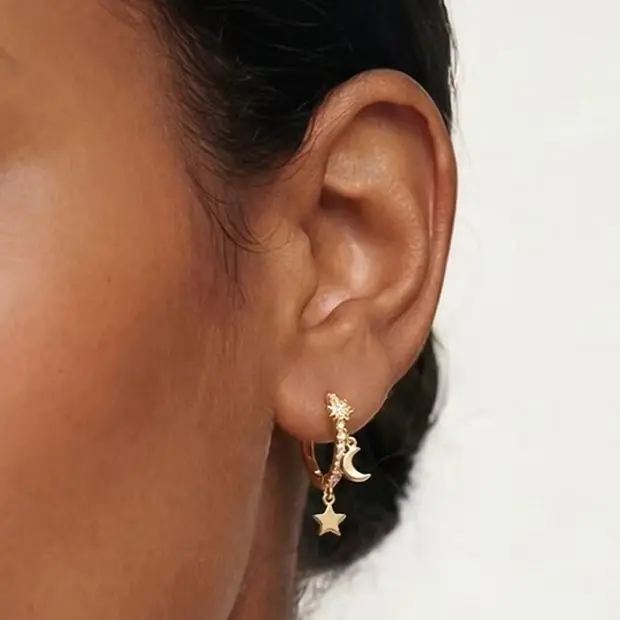 

925 Sterling Silver Hoop Earring For Woman Gold Sun Moon Star Round Shape Pendientes Fashion Jewelry