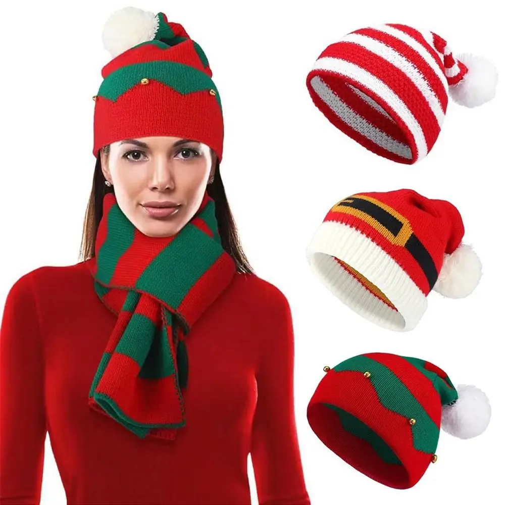 Topi Beanie musim dingin Natal, topi syal pelindung telinga lembut tahan angin bahan wol untuk pria wanita 2/3 buah Set