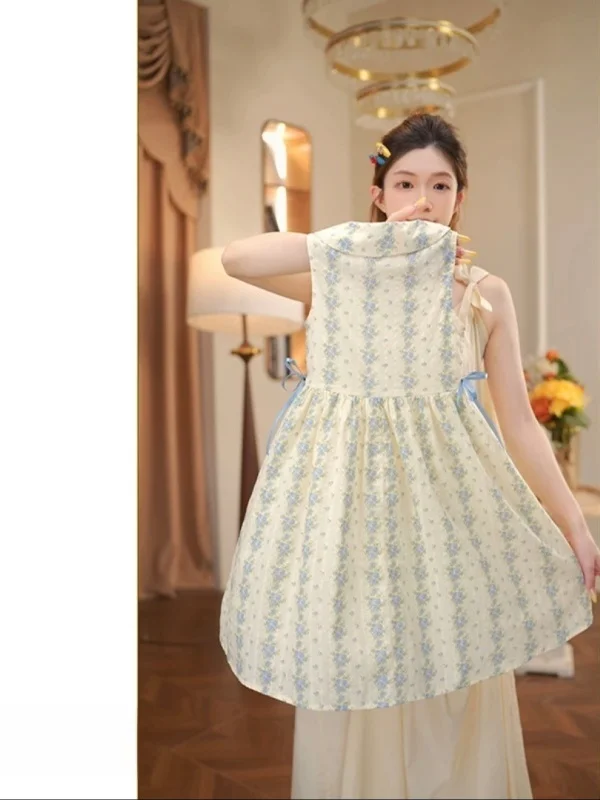 Girls Floral Print off Shoulder Sleeveless Dress Children's Summer Fashion Sweet Style Vest Dress Doll Collar Single Button C...