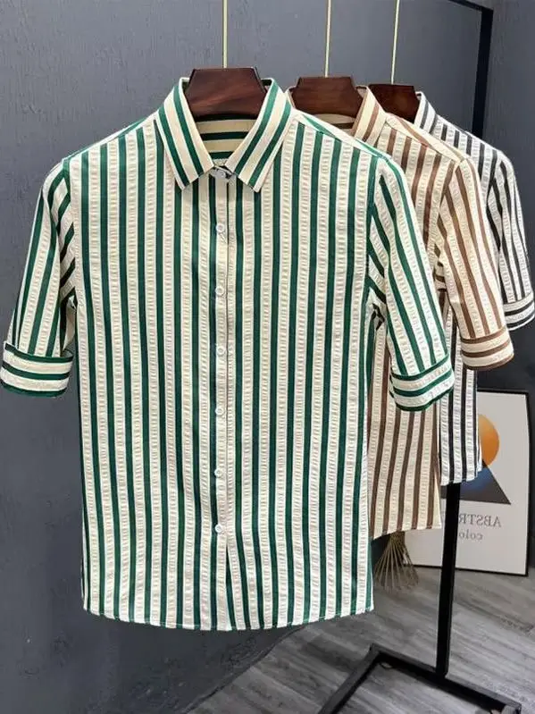 Casual Striped Men's Short Sleeve Ice Silk Shirt Versatile Seven-Quarter Lightweight Summer Fashion Brand Youth Popular Clothing