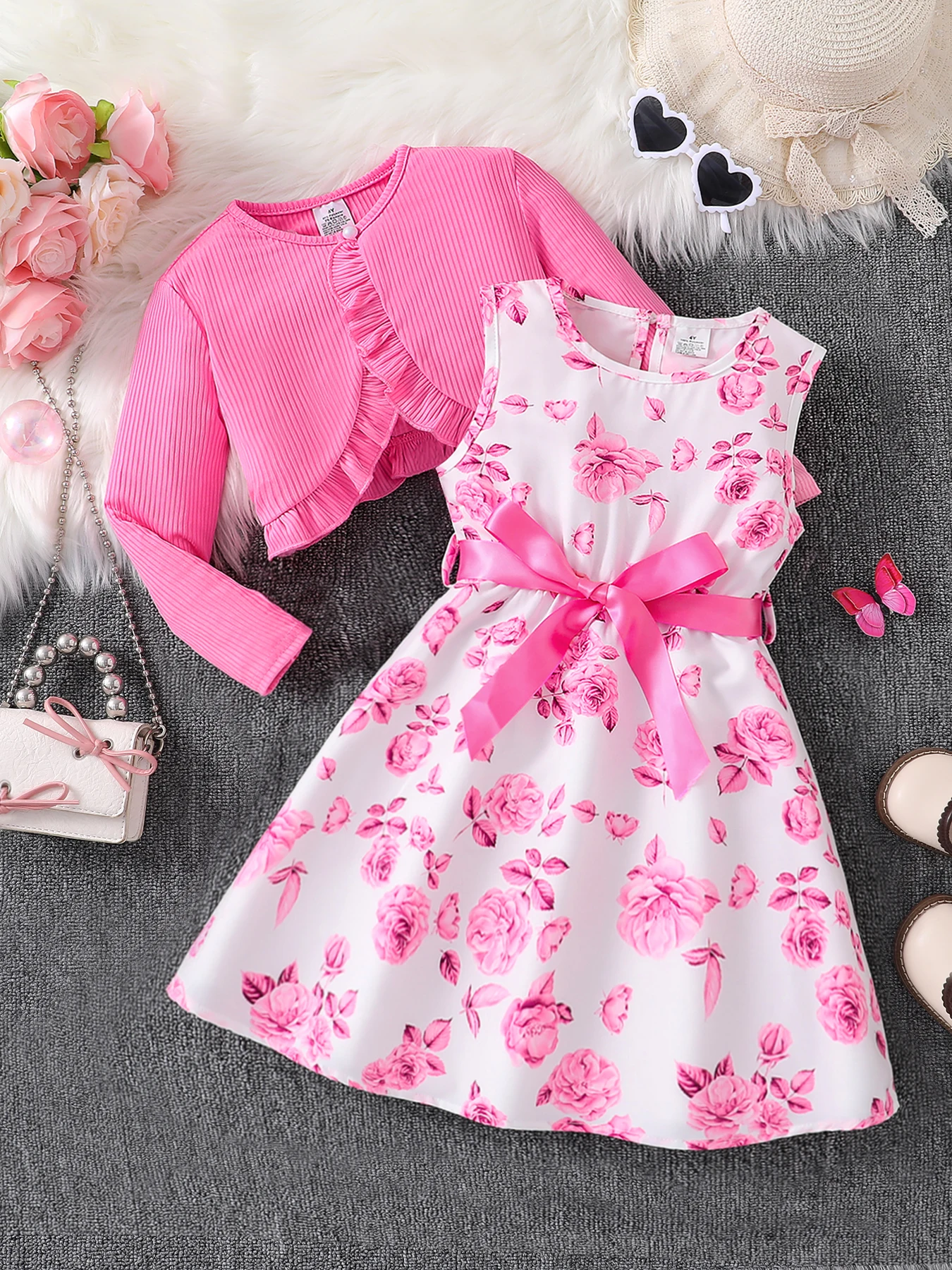 Children\'s clothing girl autumn fashion casual pink floral dress set 2-piece set - pink round neck vest+pink floral skirt