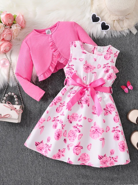 Odzież dziecięca dziewczęca moda jesienna na co dzień różowa sukienka w kwiaty zestaw 2-częściowy zestaw - różowa kamizelka z okrągłym dekoltem + różowa spódnica w kwiaty