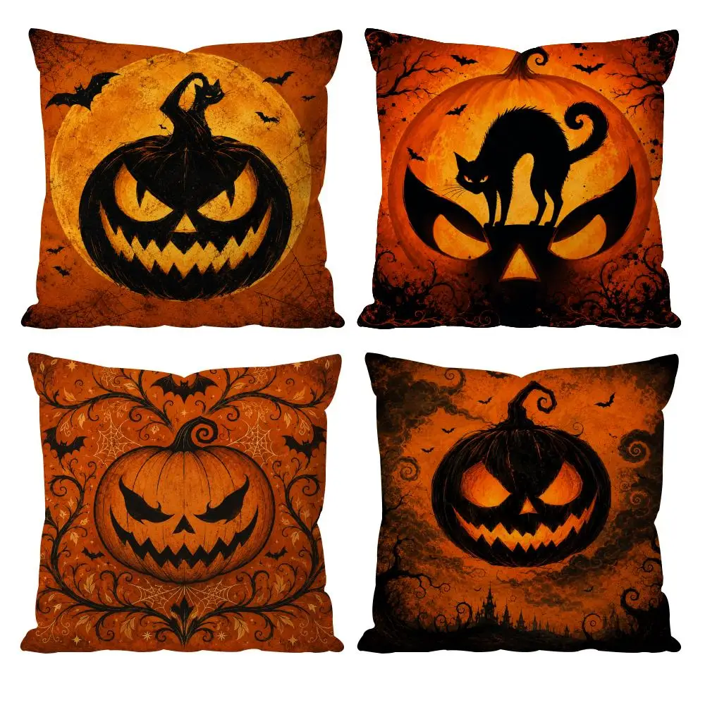 Pumpkin Halloween Cushion Cover Double-Sided Plush Sofa Cushion Covers Organic Breathable Invisible Zipper