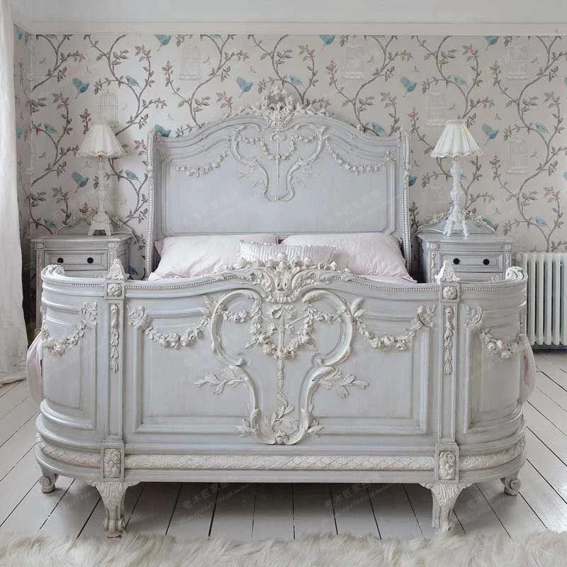 

French Vintage Bed Wedding Solid Wood Design Confortable Twin Bed Master Bedroom Classic Full Body Cama De Casal Home Furniture