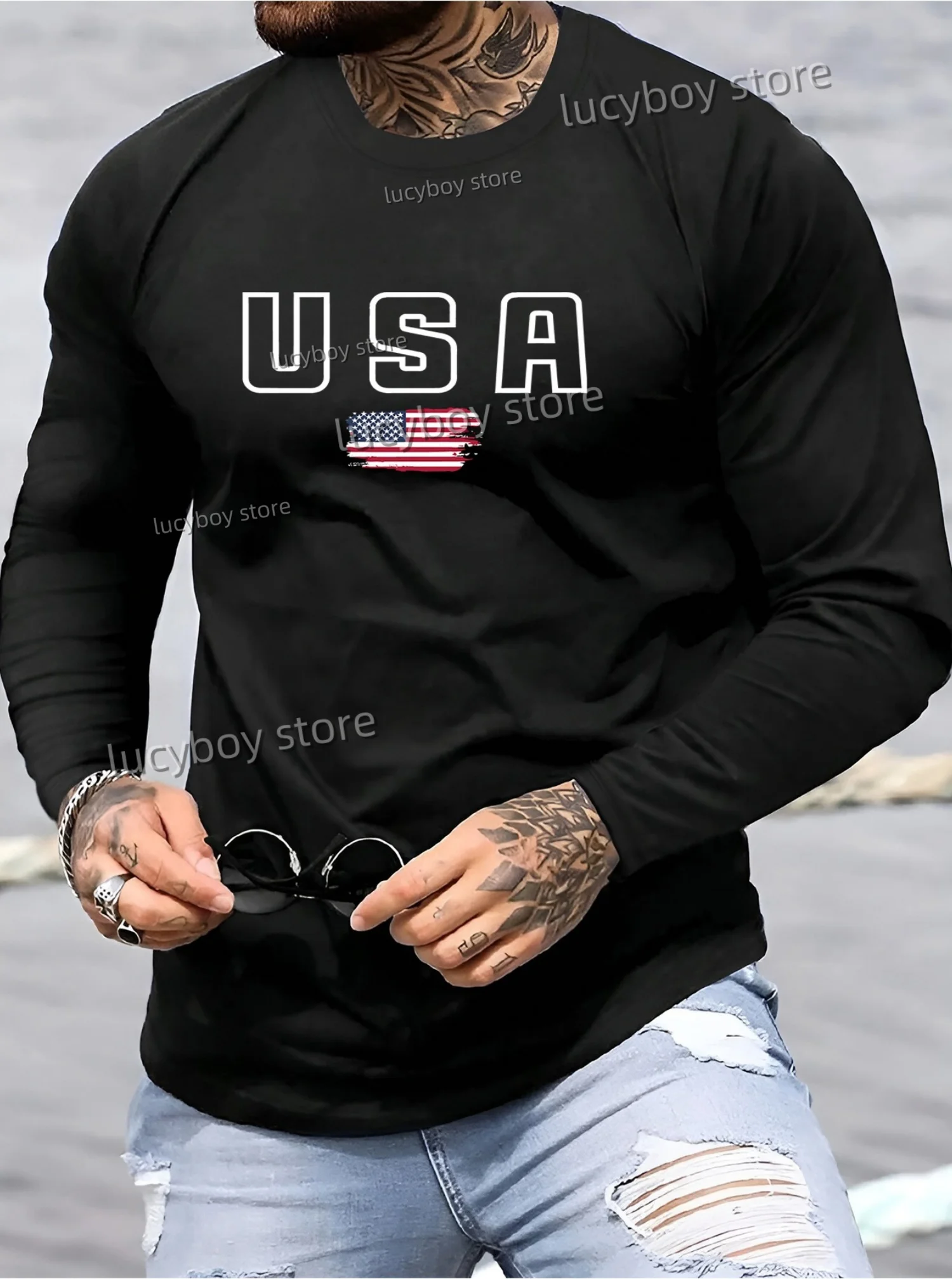 

2025 Autumn Men's Long Sleeved T-Shirt Comfortable Casual Sport USA Flag Pattern Printed Round Neck T Shirt For Man Men Clothing