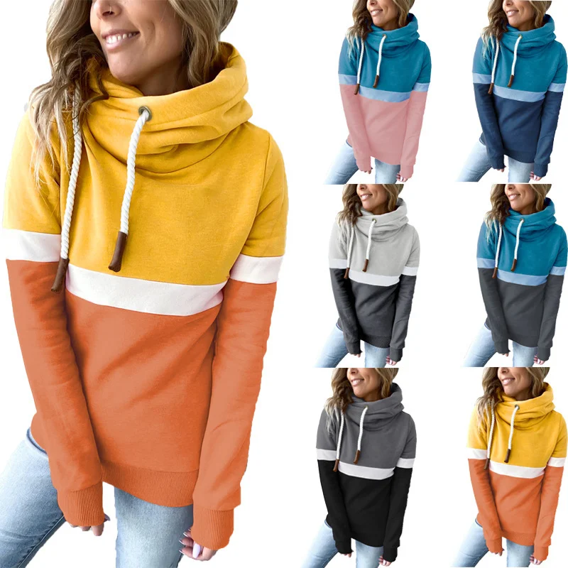 Women's Color Block Cowl Neck Hoodie Long Sleeve Drawstring Design Casual Fashion Multi-color Pullover Sweatshirt
