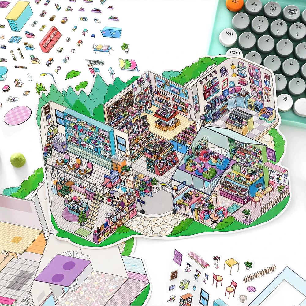 Cartoon Miniature Scene 3D Landscaping Stickers DIY Cabin Scene Stacking and Pasting Hand Account Cute Gift