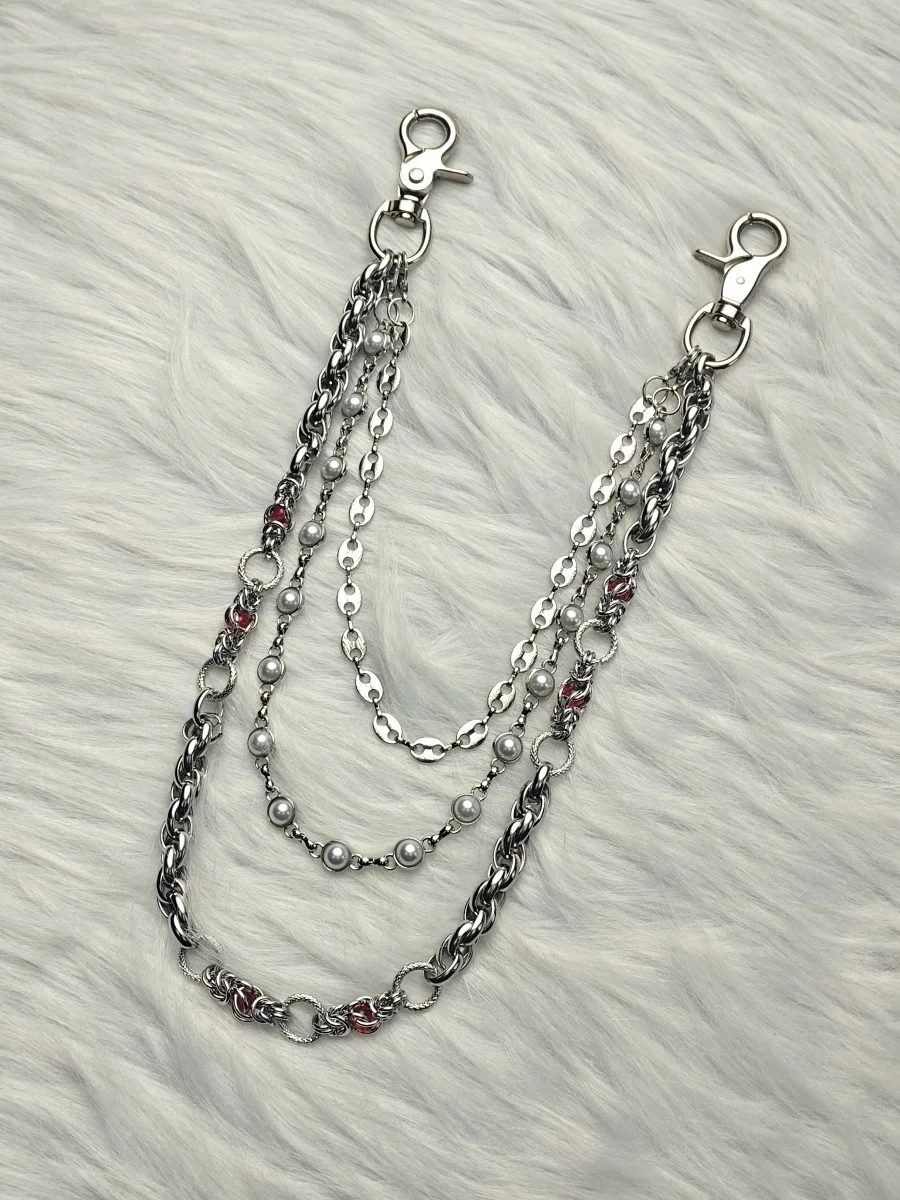 Y2K Gothic Dreischichtige Hosenkette, Edelstahl Perle Roter Strass, Unisex Geldbörsenkette Süßes Cooles Street-Accessoire – Detail 6