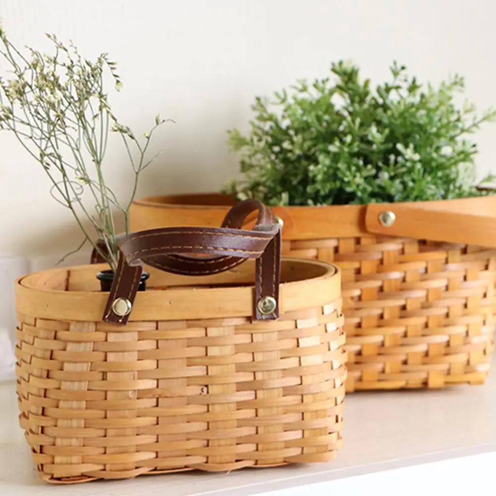 Storage Basket Eye-catching Reinforced Handle Wood Clothes Sundries Organizer Wicker Basket Garden Flower Vase Woven Basket