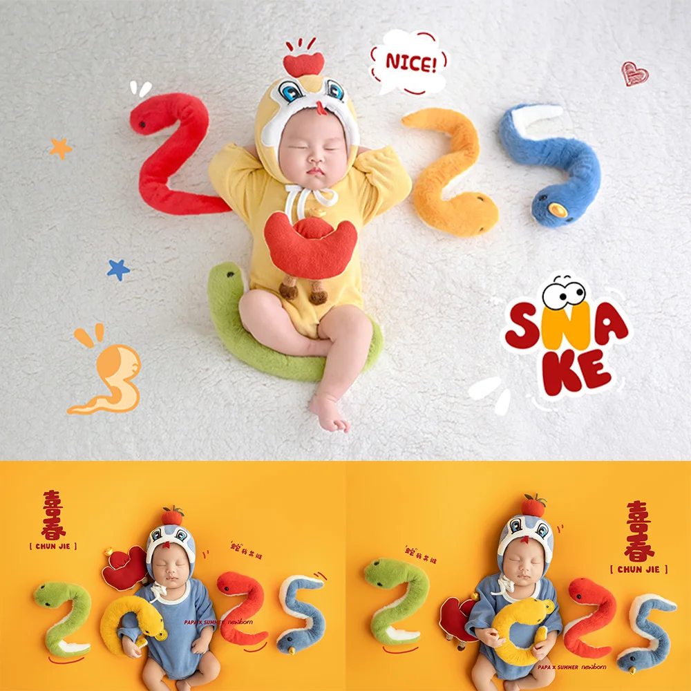 

2025 Year of Snake Photography Theme Cartoon Baby Costume Hat+Jumpsuit 2pcs Set Studio Snake Dolls Posing Decorative Photo Props