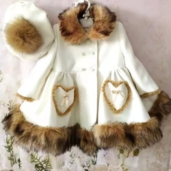 1-12Y Baby Girl Autumn Winter Handmand Customized Real Fur England Spanish White Princess Wool Coat for Casual