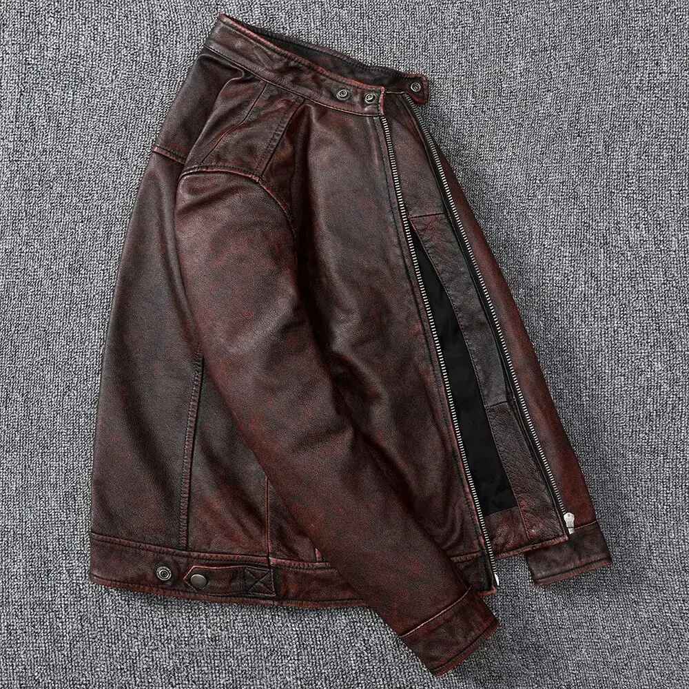 Vintage Brown Coat Classic Biker Style Short Slim Genuine Leather Jacket Men Casual Leather Coat Asian Size 6XL Autumn Wholesale