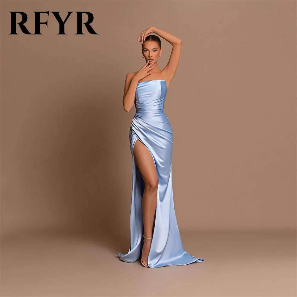 

RFYR Sky Blue فساتين السهرة Sexy Mermaid Prom Dresses Formal Strapless Floor Length Party Dress Side Split Night Cocktail Gowns