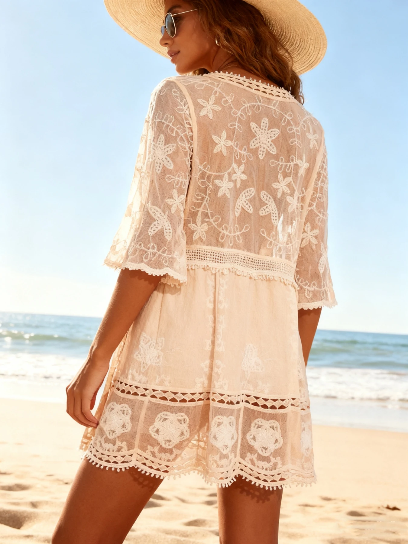 Böhmisches Strand-Bikinioberteil für Damen mit Mesh-Stickerei, ausgehöhlten Nähten, Pullover mit V-Ausschnitt, Regenschirmsaum, dünne halbe Ärmel