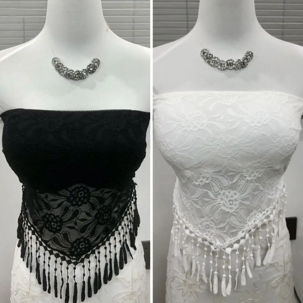 タッセルレースメッシュキャミソールシームレスオフショルダーレースクロップチューブトップスリムフィットボトムシャツノースリーブベストパッド付き女性用