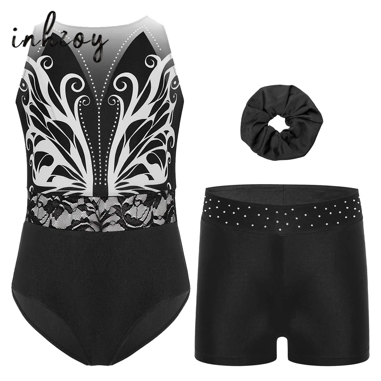 

Kids Girls Gymnastics Figure Skating Dance Outfit Sleeveless Shiny Rhinestones Printed Lace Waist Leotard Shorts Headwear 3Pcs