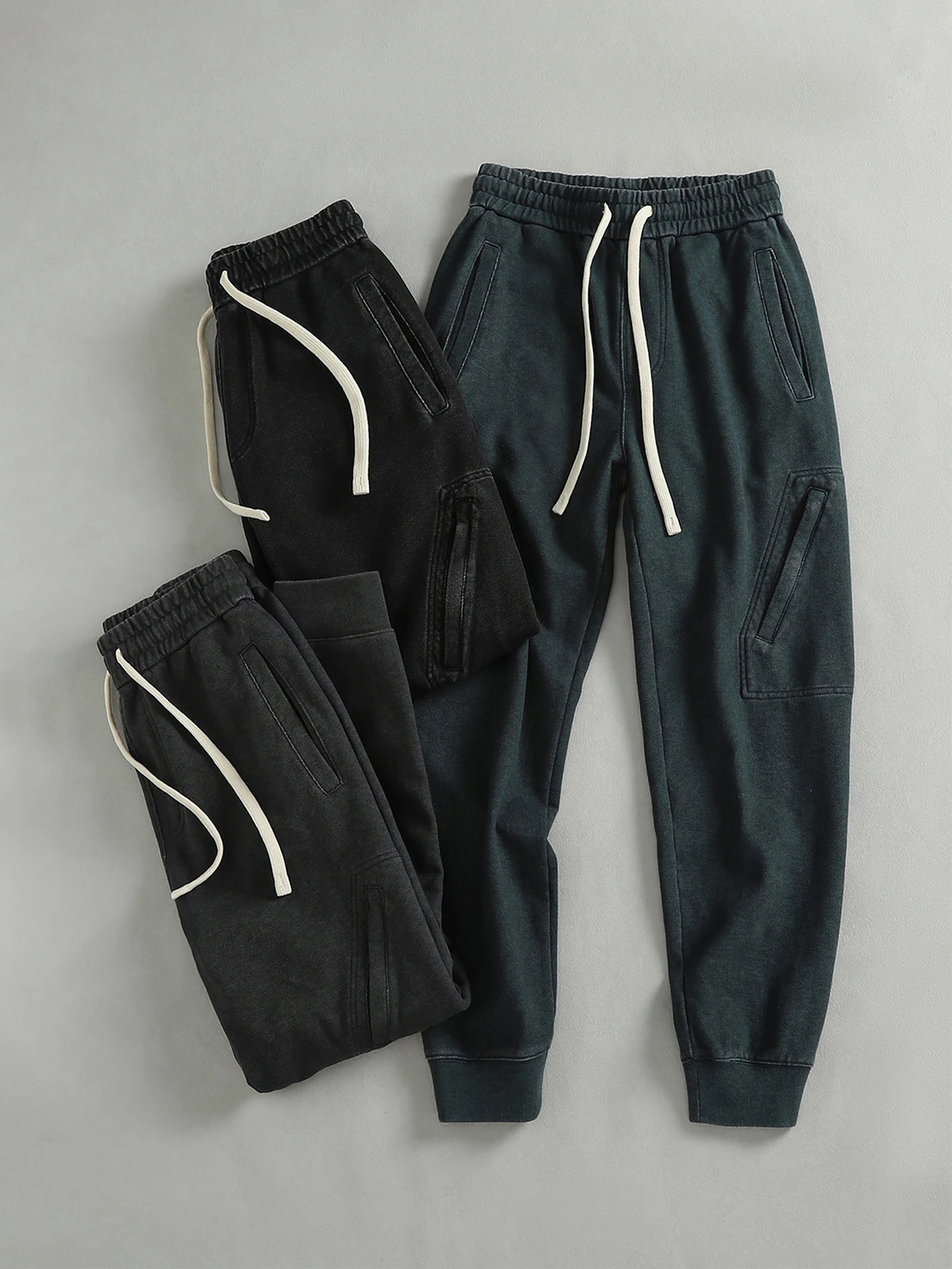 Heavyweight Knitted Fleece Men's Casual Pants British Retro Washed Sports Cuffed Sweatpants Elastic Waist Loose Fit Cotton So...