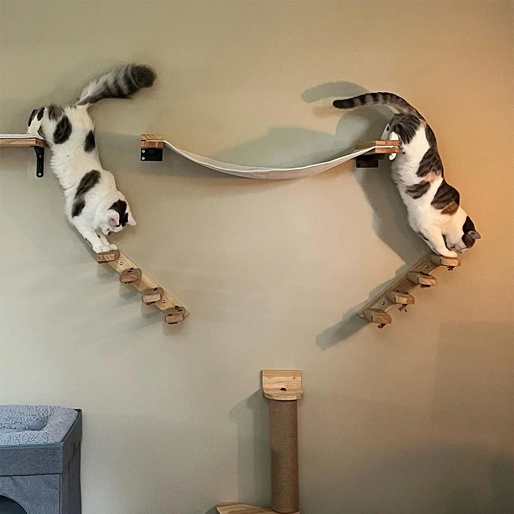 

Cat Wall Mounted Wooden Climbing Shelves Jumping Platform and Sisal Ladder with Scratching Post for Grinding Claws and Resting