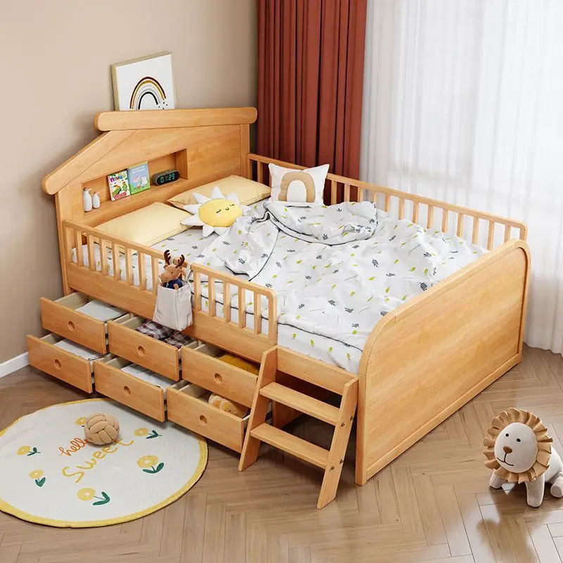 

Children's Solid Wood Bed Boys and Girls Beech Half-height Bed 1.2 Meters 1.5 Guardrail Single Bed Multifunctional Small